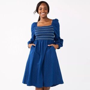 DRAPER JAMES RSVP™ Puff Sleeve Blue Long Sleeve Smocked Bodice Dress - Size M